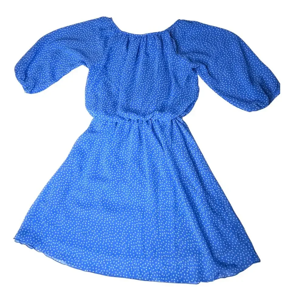 Speechless Crepe Party Dress Girls 10 Blue Polka Dot 3/4 Sleeve Ruched Top Lined